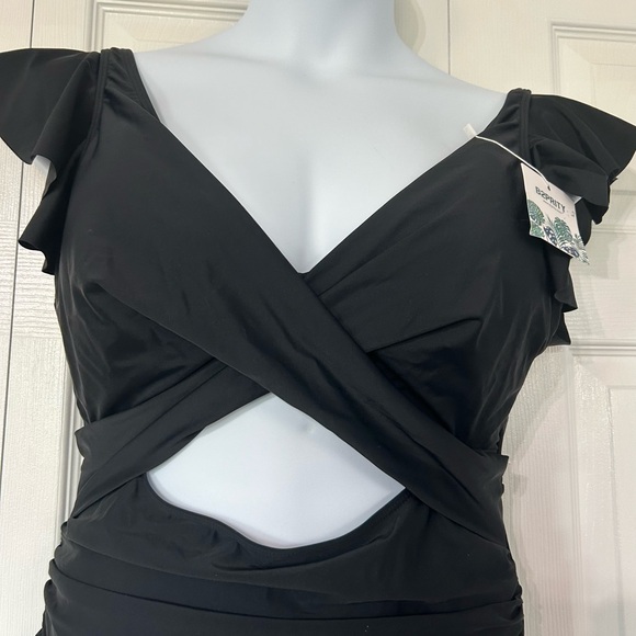 B2PRITY Black One Piece Cut Out V neck Ruffle V back Swim Suit Size 2XL Black - Picture 10 of 12